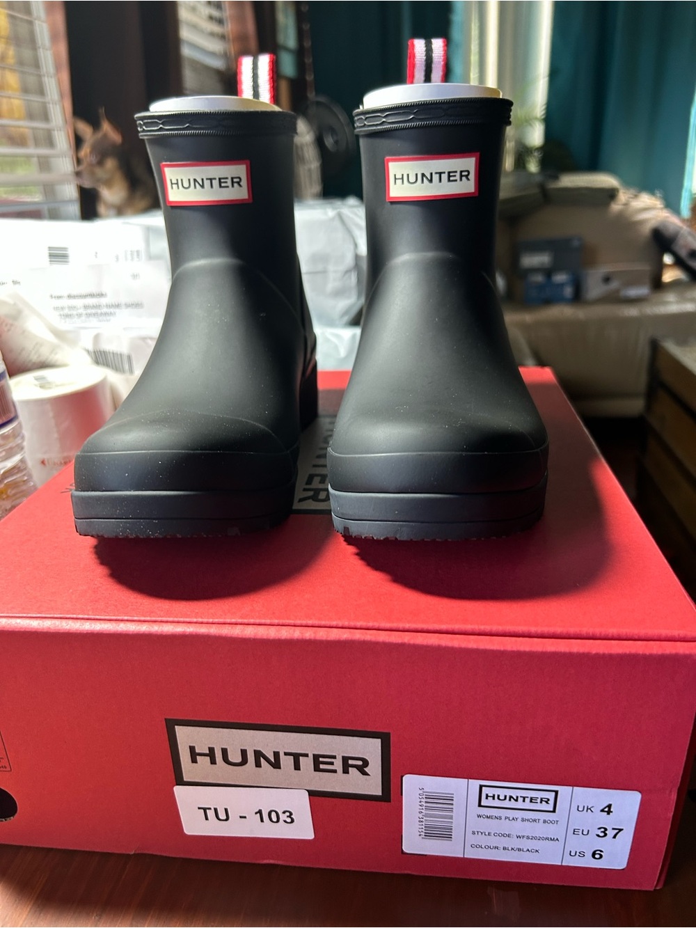 Hunter Black Short Waterproof Rain Boots with Red-Trim Heel Pull